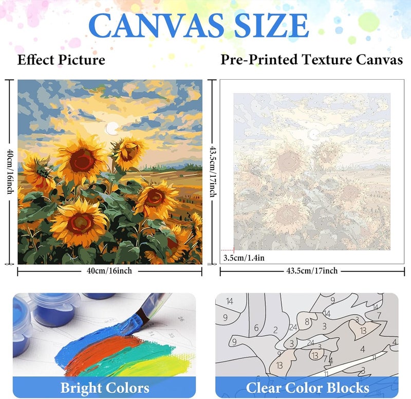 PRASIO Paint by Numbers Kit for Adults Flowers, Sunflower Easy Adult Paint by Number Kits on Canvas, DIY Acrylic Watercolor Oil Paint by Number for Adults Beginner for Home Decor Gift 16x16 Inch - Image 3